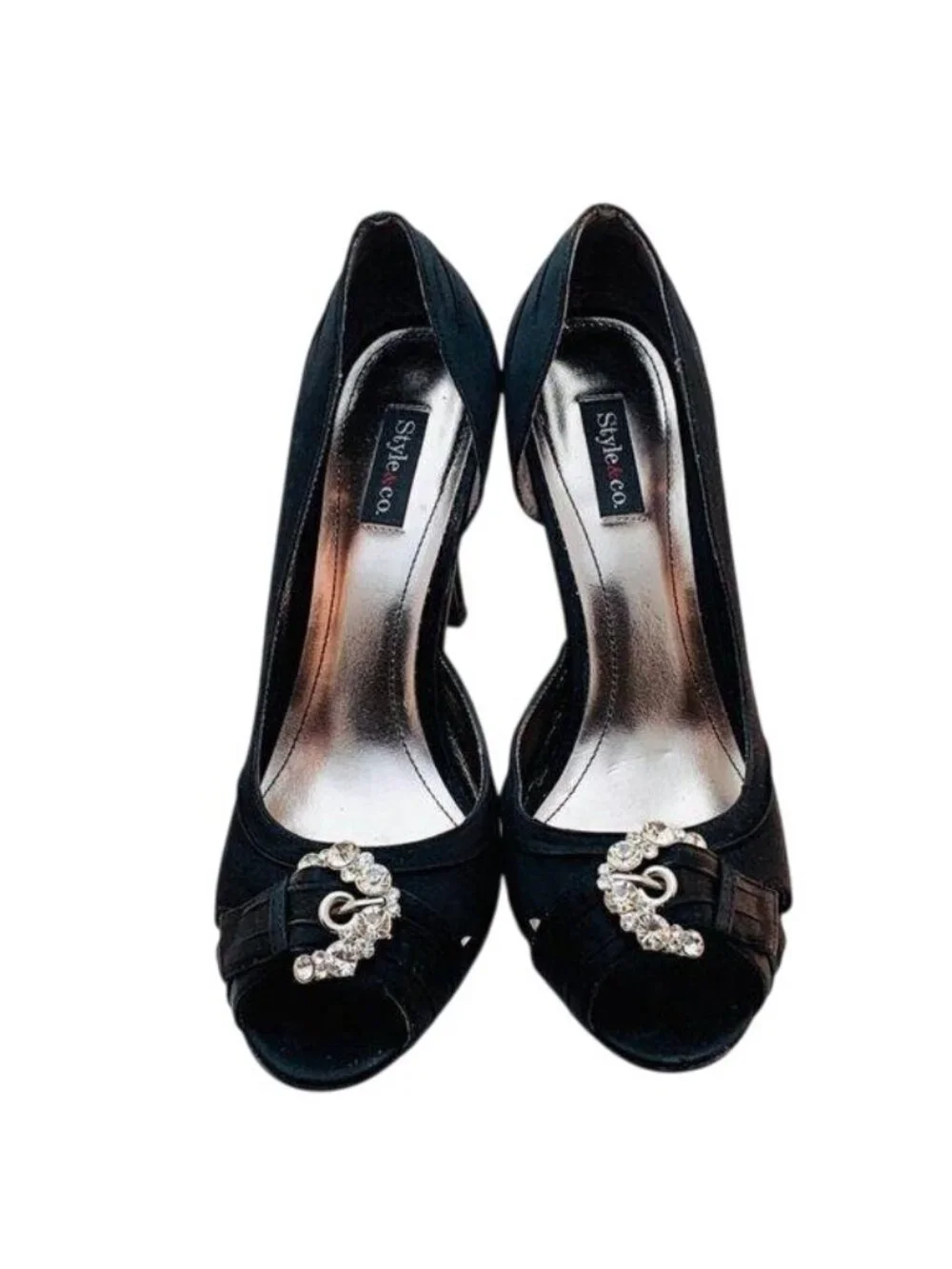 Style & Co Black Satin Peep Toe Heels With Rhinestone Embellishment